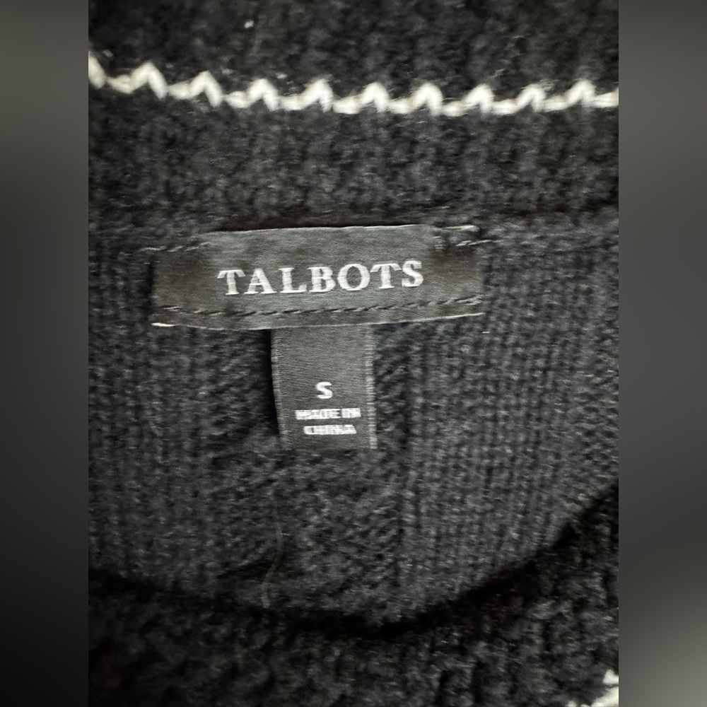 TALBOTS Cotton Blend Preppy Chunky Black Cable Knit Cardigan Gold Buttons SZ S. - Picture 8 of 12